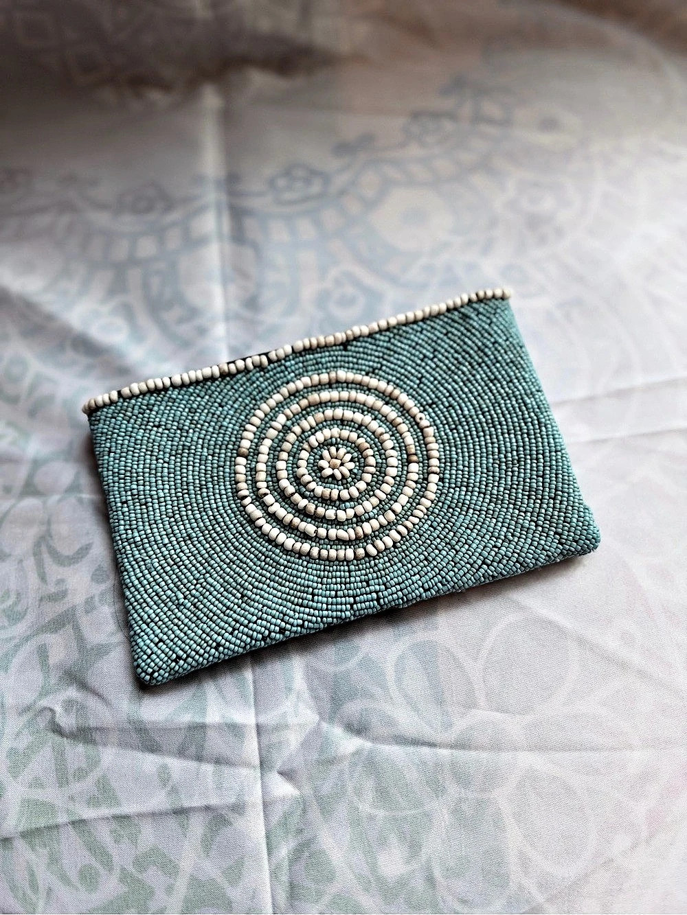 Turquoise White Hand Beaded Spiral Coin Purse Zipper Pouch Boho